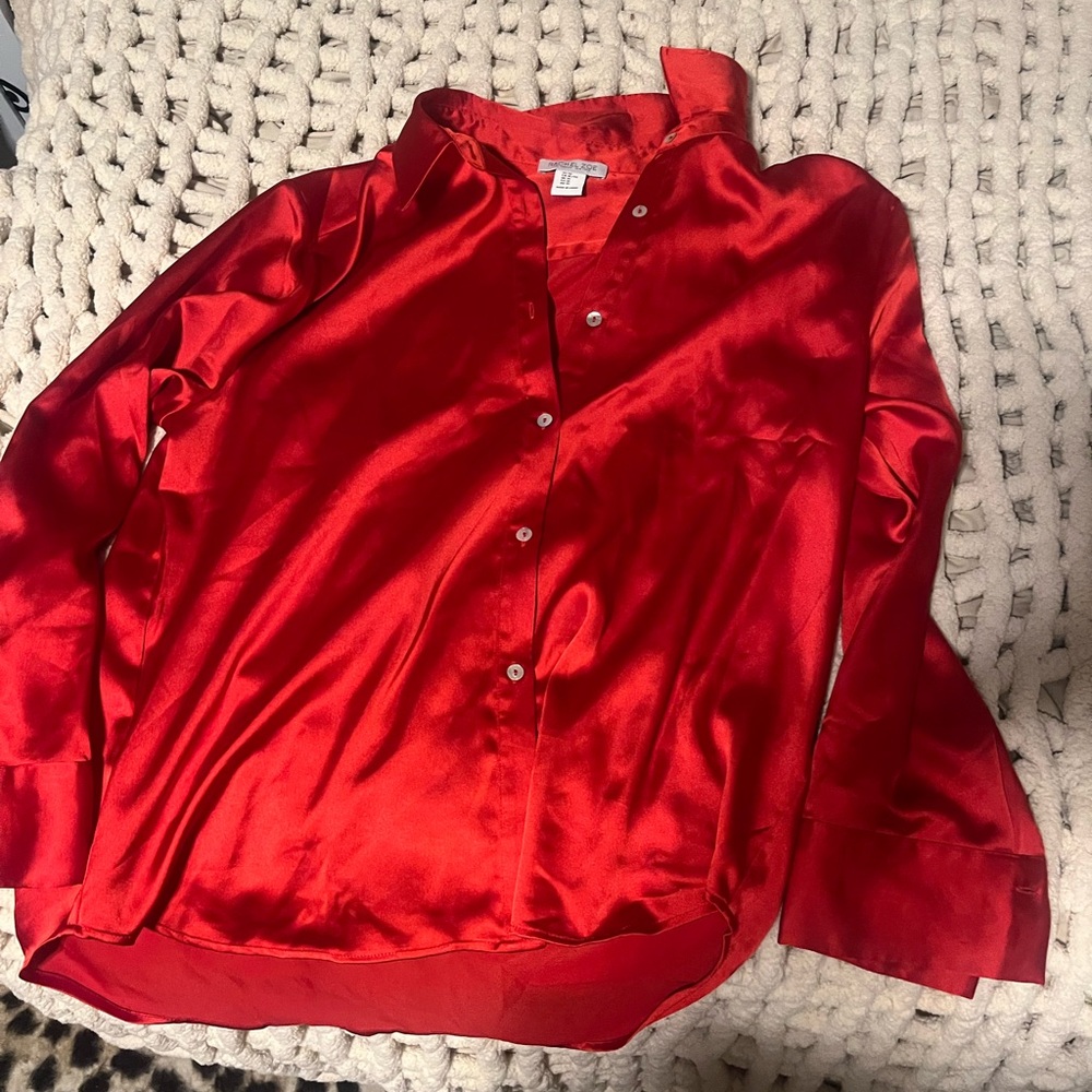 Red Satin Button-Up Blouse